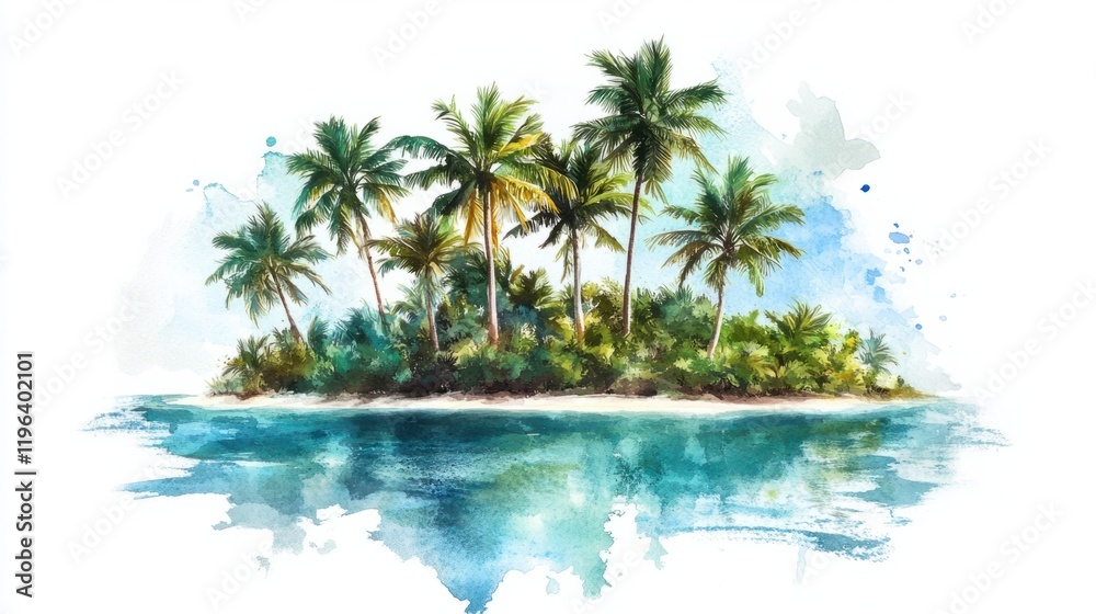 A tropical island with vibrant palm trees and a soft watercolor sea, painted in lush greens and blues, isolated on white A tropical island with vibrant palm trees and a soft watercolor sea, painted in lush greens and blues, isolated on white