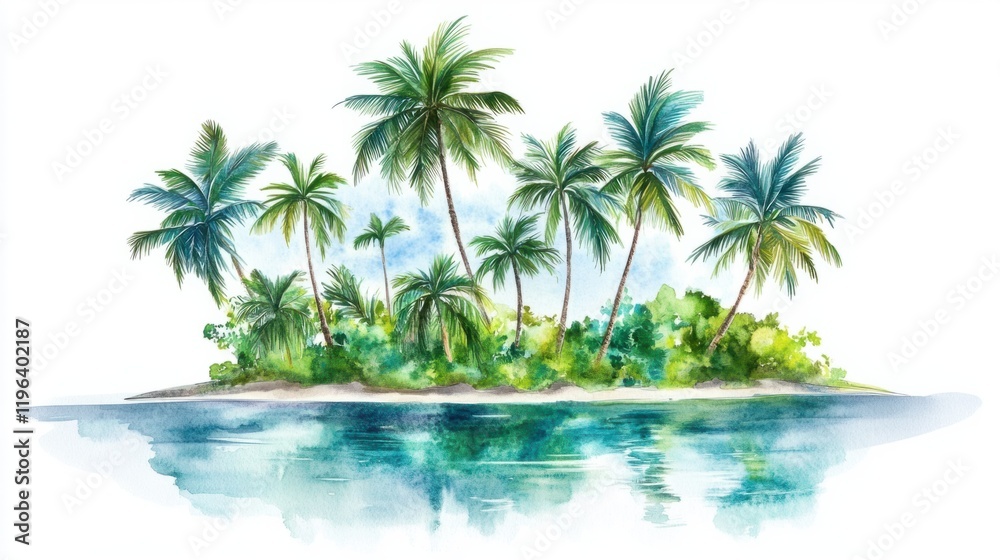 Obraz premium A tropical island with vibrant palm trees and a soft watercolor sea, painted in lush greens and blues, isolated on white