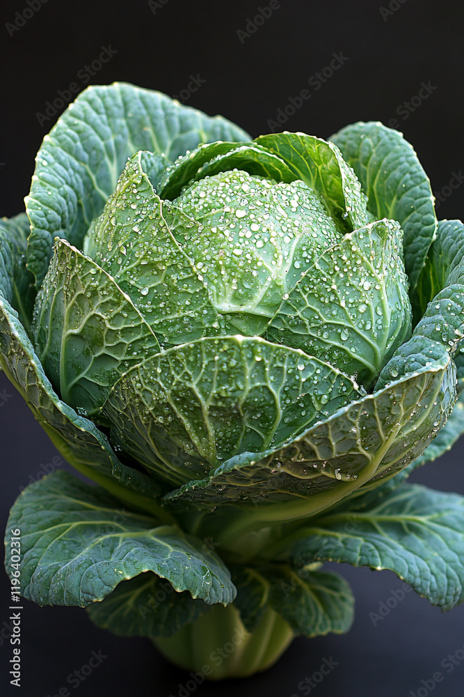 Obraz premium Dew Covered Cabbage Head Fresh Green Vegetable
