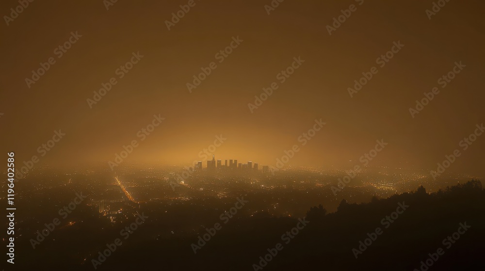 Obraz premium Smoggy Cityscape at Night: An Aerial View of Los Angeles Under an Orange Haze