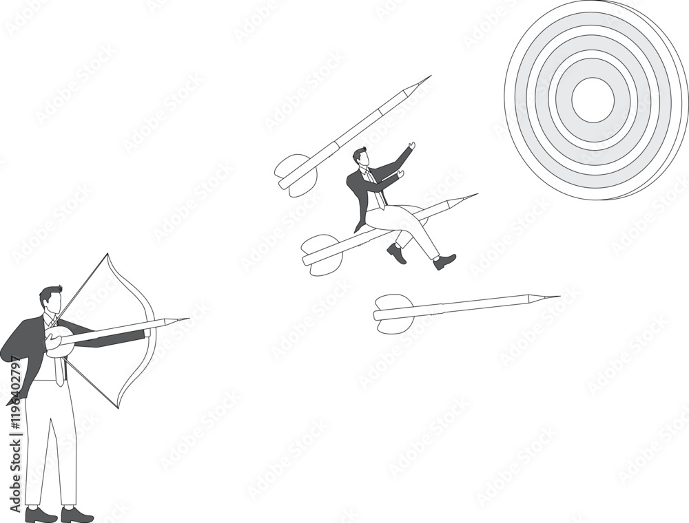 Change career path or difference direction with businessman riding the dart changed its flight direction towards business goals, change business strategy, leadership to choose a path to success Change career path or difference direction with businessman riding the dart changed its flight direction towards business goals, change business strategy, leadership to choose a path to success
