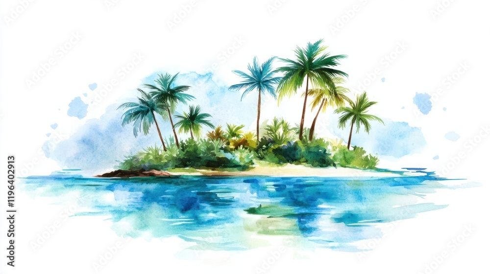 A vibrant watercolor island with leaning palm trees and rippling turquoise waters, showcasing a tropical vibe, isolated on white A vibrant watercolor island with leaning palm trees and rippling turquoise waters, showcasing a tropical vibe, isolated on white