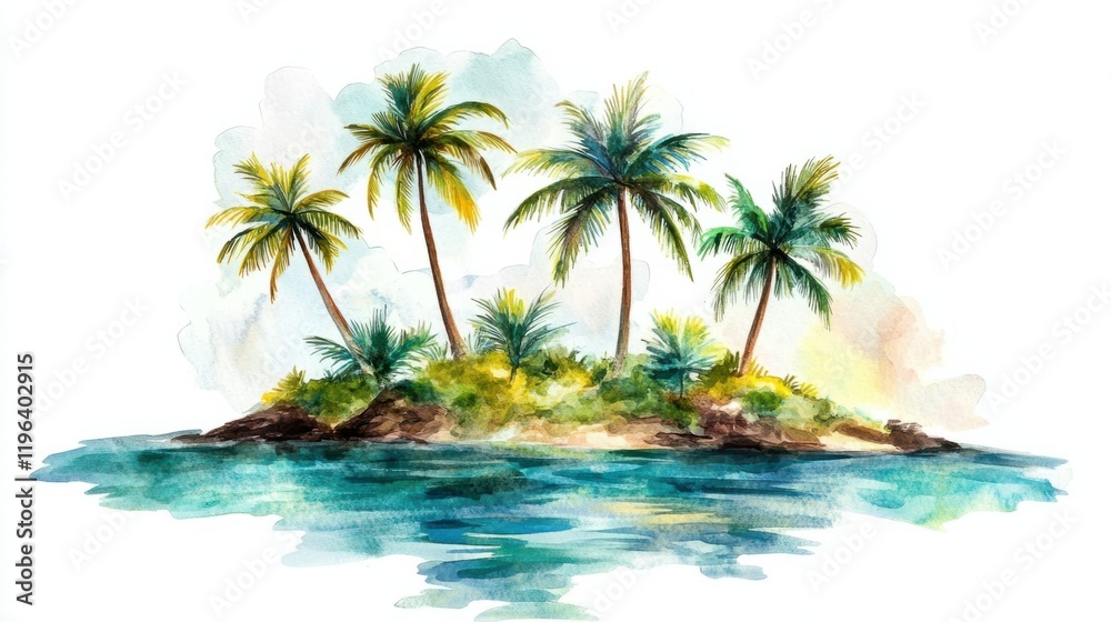 A vibrant watercolor island with leaning palm trees and rippling turquoise waters, showcasing a tropical vibe, isolated on white A vibrant watercolor island with leaning palm trees and rippling turquoise waters, showcasing a tropical vibe, isolated on white