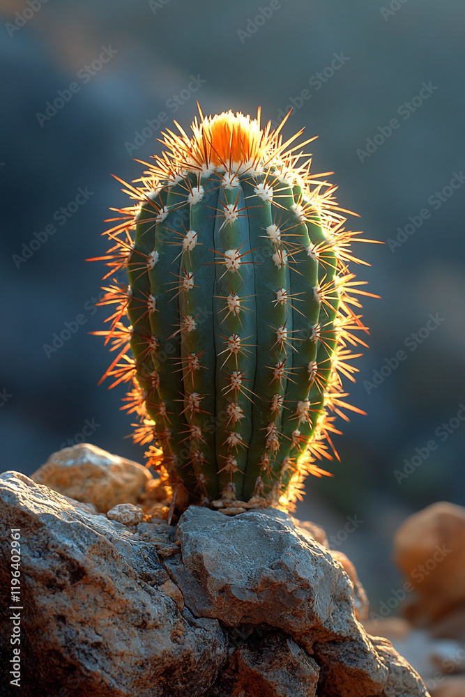 Naklejka premium Golden Sunset Illuminates A Prickly Cactus Plant
