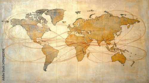 Vintage world map with interconnected lines depicting global connections and trade routes.