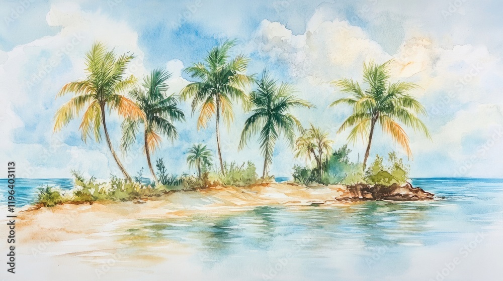 A watercolor depiction of an island paradise with multiple palms, golden beaches, and clear waters, on a neutral background A watercolor depiction of an island paradise with multiple palms, golden beaches, and clear waters, on a neutral background