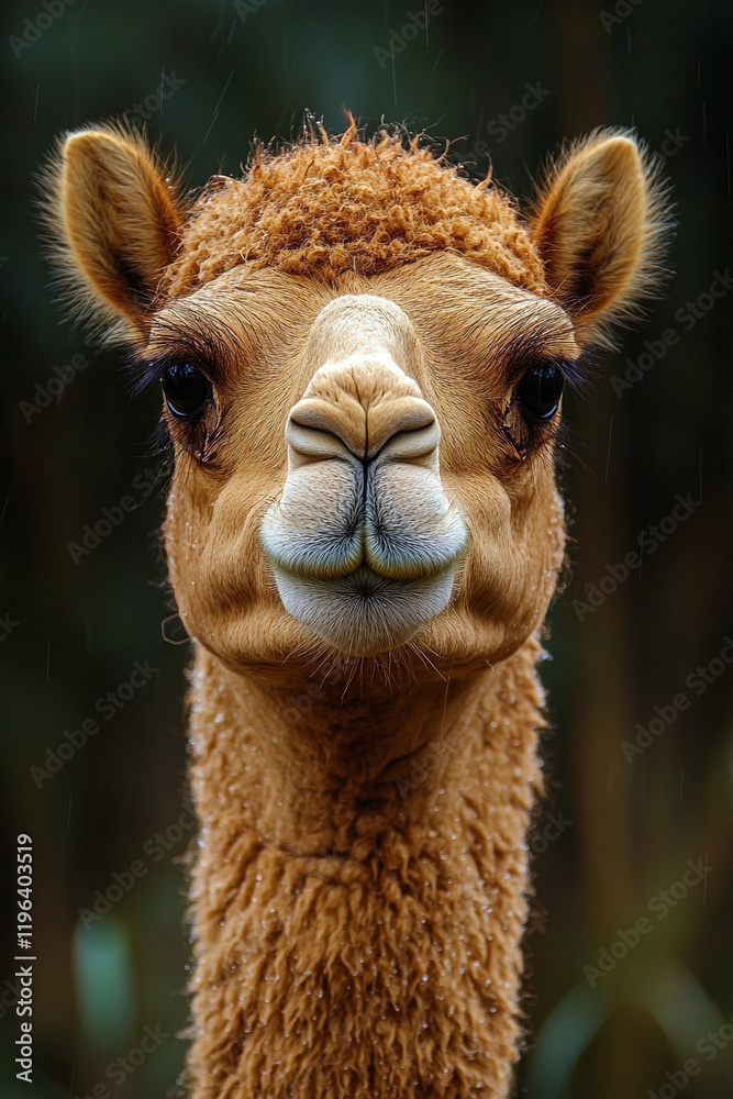 Fototapeta premium Droplet Covered Young Camel Portrait Rain