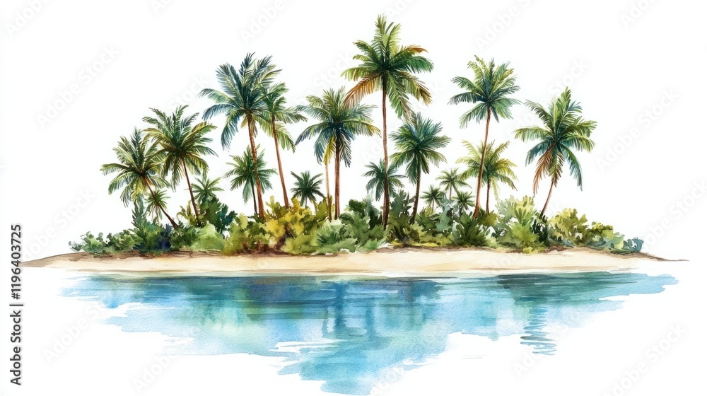 A watercolor tropical island scene with tall palms, sandy beaches, and a radiant blue sky, isolated on white
