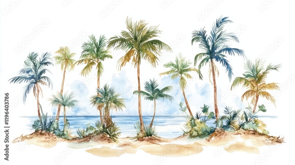 Fototapeta premium A watercolor tropical island scene with tall palms, sandy beaches, and a radiant blue sky, isolated on white