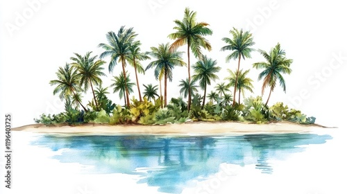 A watercolor tropical island scene with tall palms, sandy beaches, and a radiant blue sky, isolated on white
