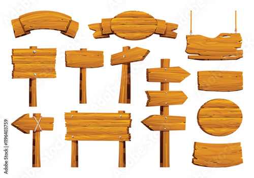 Rustic wooden boards with various shapes, hanging and standing designs. Vector cartoon illustration
