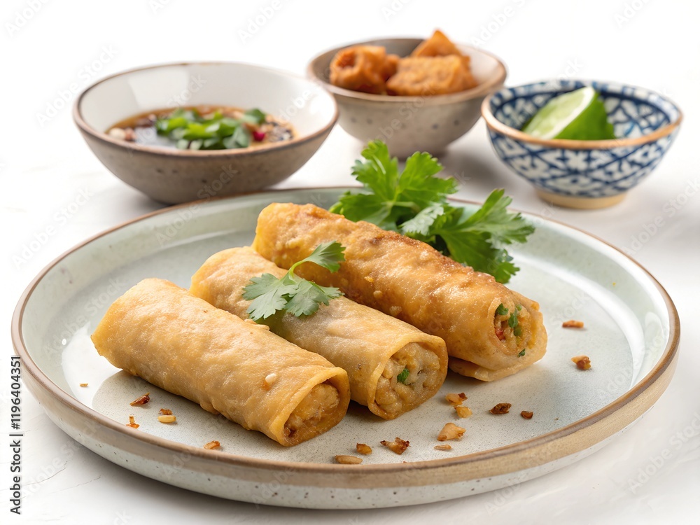 Fried Spring rolls food in ceramic plate isolated on white background Fried Spring rolls food in ceramic plate isolated on white background