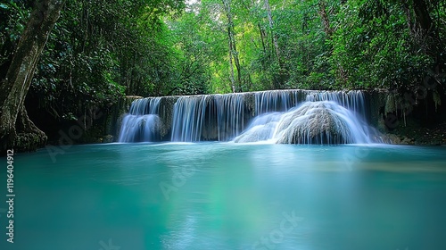 Serene waterfall cascading into a turquoise pool, surrounded by lush green rainforest.