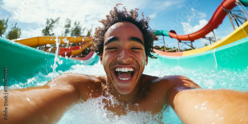 A young man with curly hair enjoys a thrilling water slide ride, smiling widely. The vibrant outdoor setting features colorful slides and clear blue skies.