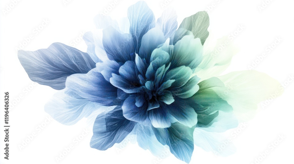Obraz premium A digital abstract flower with pixelated textures and gradient shades of blue and green, isolated on white