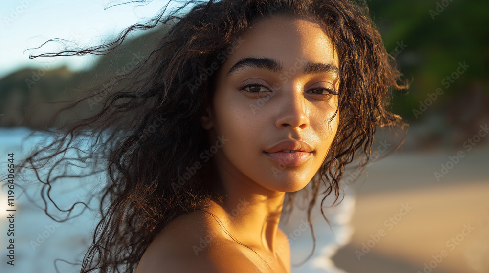 Young woman with natural curls in golden sunlight. Perfect for natural beauty, beach lifestyle, and summer fashion. Young woman with natural curls in golden sunlight. Perfect for natural beauty, beach lifestyle, and summer fashion.