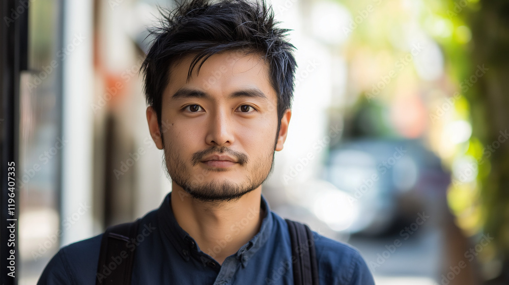Asian man with backpack in urban setting. Ideal for modern lifestyle, city living, and casual professional portraits.