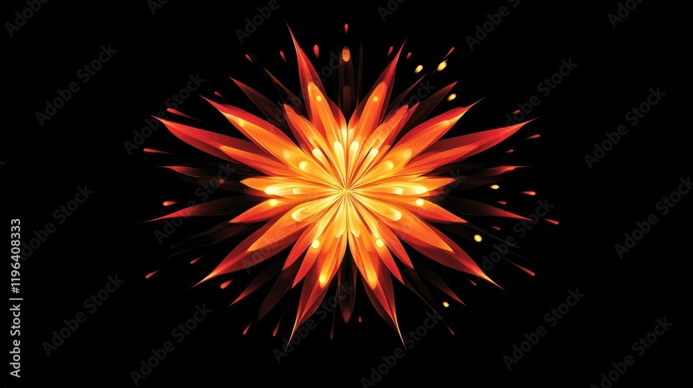 A glowing abstract flower with fiery red and gold petals radiating from the center, isolated on a dark background A glowing abstract flower with fiery red and gold petals radiating from the center, isolated on a dark background