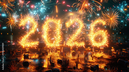 Vibrant New Year celebration scene with illuminated blue 