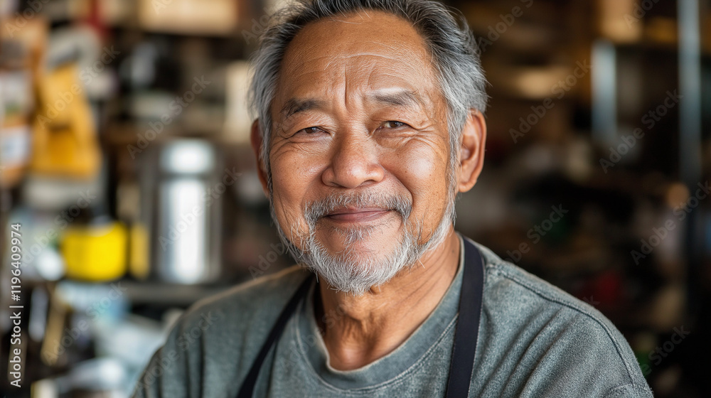 Senior Asian craftsman smiling in workshop. Ideal for artisan stories, traditional crafts, and skilled trades. Senior Asian craftsman smiling in workshop. Ideal for artisan stories, traditional crafts, and skilled trades.
