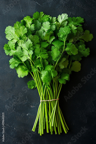 A bunch of fresh green cilantro leaves on a dark surface