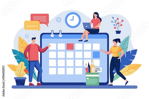 A flat design illustration a team working together around digital calendar working schedule planning concept