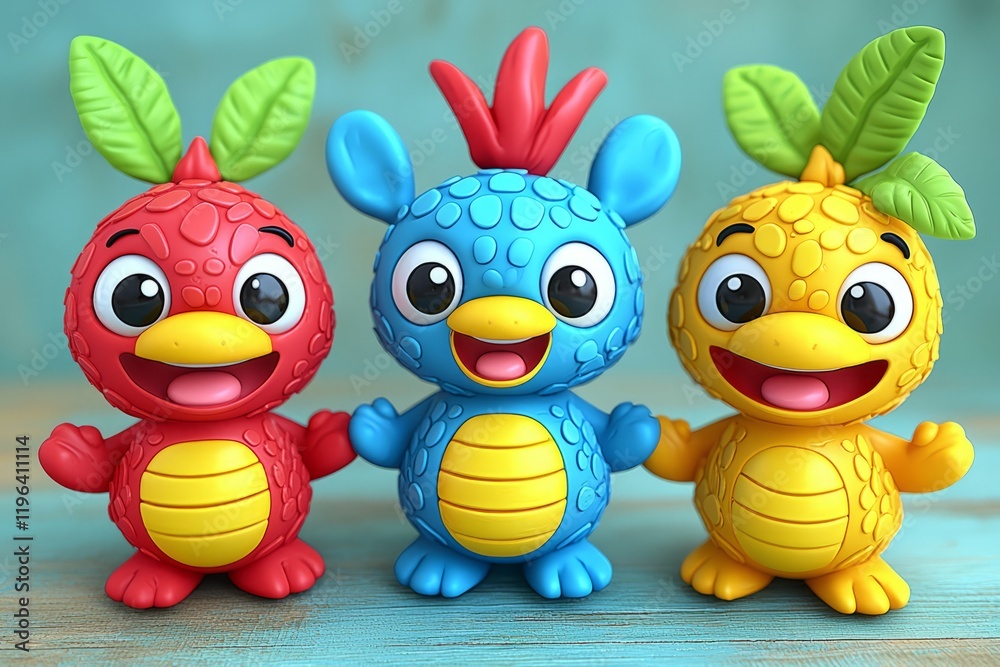 Fototapeta premium Three cheerful cartoon fruit creatures stand together