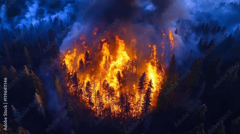 Fototapeta premium Aerial View of Catastrophic Forest Fire Consuming Trees and Nature