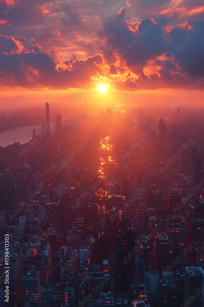 Obraz premium Fiery Sunset Over a Futuristic Cityscape