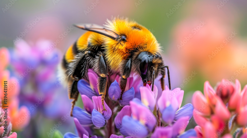 Honeybee Pollinating a Vibrant Flower in a Lush Garden During Sp Honeybee Pollinating a Vibrant Flower in a Lush Garden During Sp