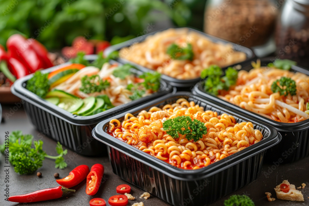 Spicy Instant Noodles Garnished With Green Onions and Peppers in a Takeout Box
