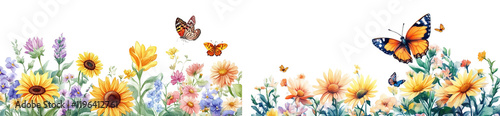 Vibrant watercolor painting of a summer meadow brimming with sunflowers, daisies, and butterflies. Ideal for greeting cards, website banners, or spring/summer themes.