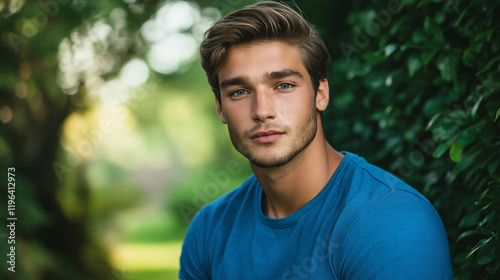 Athletic man in blue t-shirt outdoors. Ideal for fitness lifestyle, sports portraits, and active living.