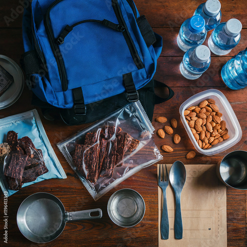Illustration packing backpack for hiking camping or food prep for natural disaster beef jerky nuts water concept