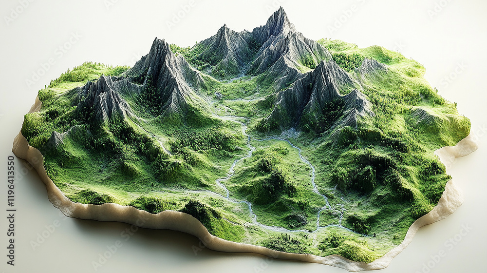 Obraz premium A detailed 3D rendered map model with mountain peaks and valleys