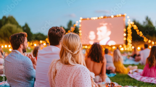 A cozy outdoor movie night with people seated on blankets under string lights, watching a film on a large screen against a twilight sky, celebrating Global Movie Day.