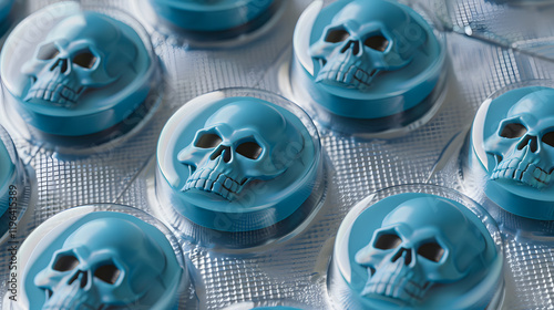 3D rendering of skull-shaped pills in blister packaging symbolizing a pill with fentanyl