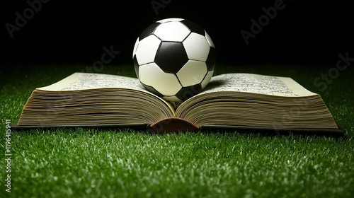 Soccer ball on open book against grass background. Excellent for sports education, athletic scholarship, or youth development program promotion.