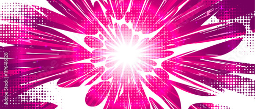 Anime explosion background in bright pink color with comic book dynamic burst effect - powerful radial beams spreading from luminous center point, dotted pattern, speed lines for manga combat scenes.