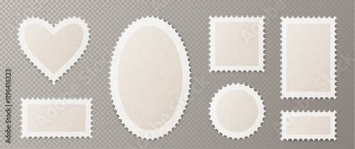Postcard stamp frames collection in various shapes - heart, oval, circle and rectangles. White perforated borders with shadows on transparent background. Vintage mail and scrapbooking design elements.
