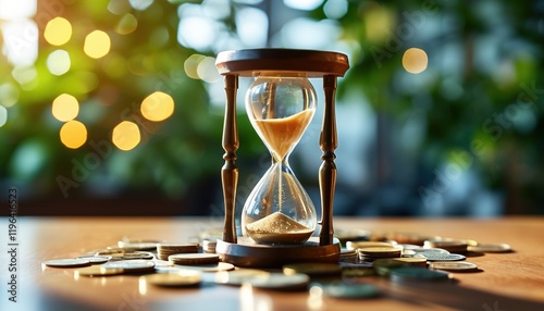 Time management concept with hourglass and coins on wooden table photo