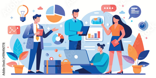 Business Marketing illustrations. Collection of scenes with men and women taking part in business activities. Team man and woman talk, discussion together. Vector modern flat illustration