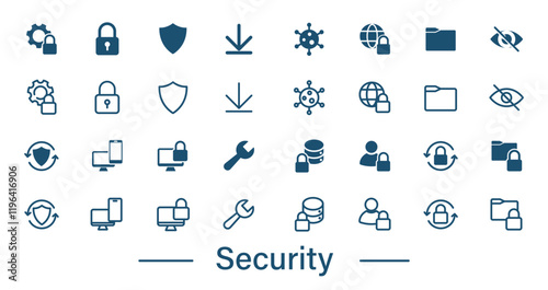 Security icon. Set of solid and outline icons for protection, cyber security, two-factor authentication, data.