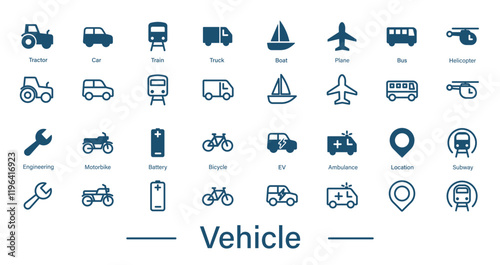 Set of outline and solid vector icons of vehicles, cars, ambulances, trucks, transportation industry.