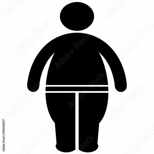 A man with a large belly is shown in a black and white drawing. The man is wearing a black shirt and black pants