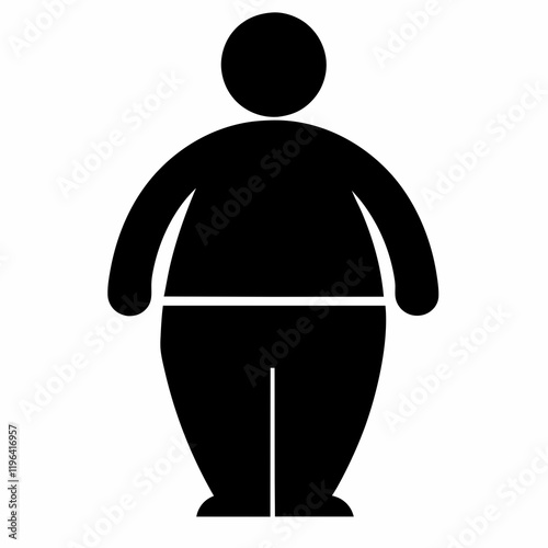 A man with a large belly is shown in a black and white drawing. The man is wearing a black shirt and black pants