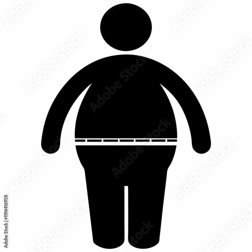 A man with a large belly is shown in a black and white drawing. The man is wearing a black shirt and black pants