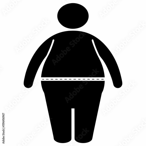 A man with a large belly is shown in a black and white drawing. The man is wearing a black shirt and black pants