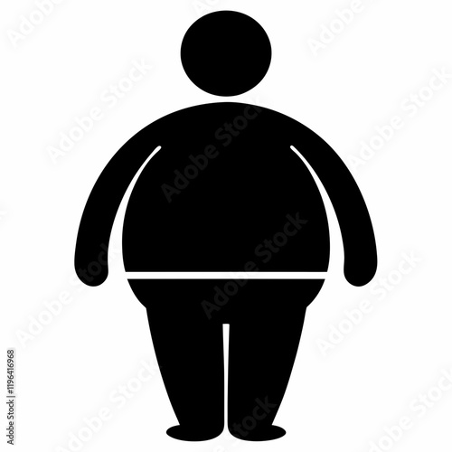 A man with a large belly is shown in a black and white drawing. The man is wearing a black shirt and black pants