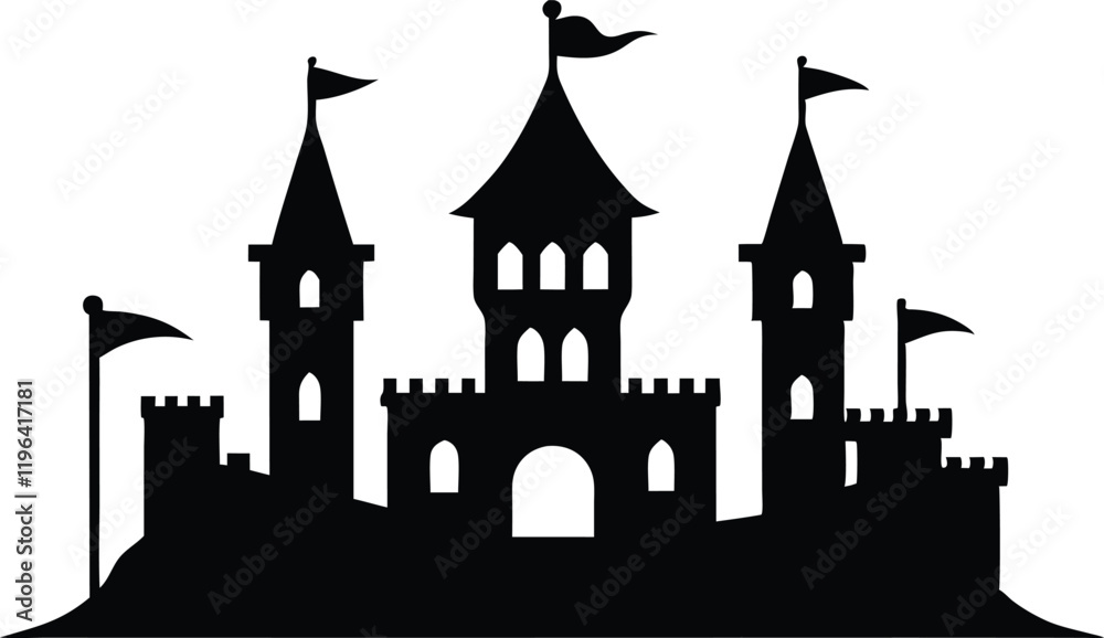 castle with tower and flags silhouette vector, castle icon vector illustration castle with tower and flags silhouette vector, castle icon vector illustration